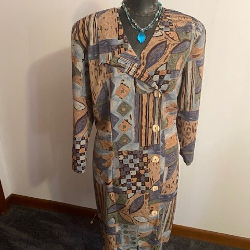Stephanie Thomas Vintage Floral Gray/Tan/Brown button-front dress, size 16